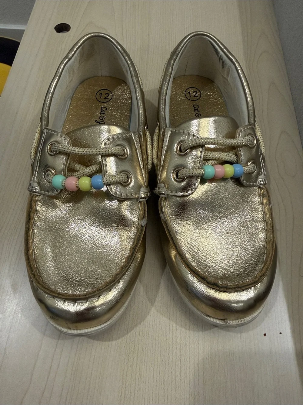 Cat and Jack Metallic Gold Kids Boat Shoes with Pastel Bead Accents